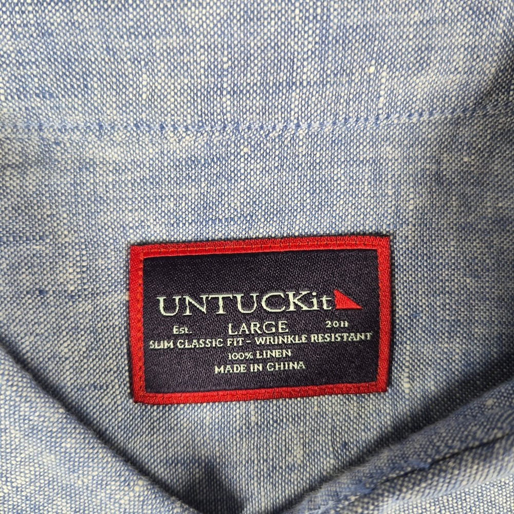 UNTUCKit Shirt Men's Large Blue 100% Linen Classic Valente Slim Fit Short Sleeve - Picture 5 of 10